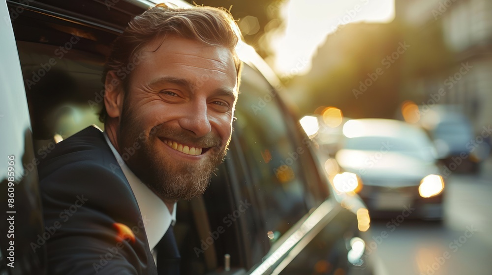 Wall mural a man is driving a car in a city at night. the car is on a street with many lights and cars. the man