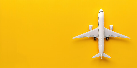 Miniatur-Spielzeugflugzeug auf unifar Hintergrund mit Raum f&uuml;r Text Sommerurlaub mit dem Flugzeug. Reiseb&uuml;ro-Banner-Design-Vorlage, Banner- oder Header-Modell