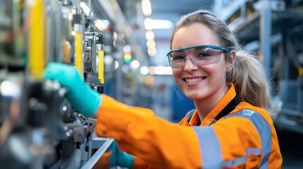 A female engineer smiling while working with machinery in a factory, wearing protective clothing and gloves.