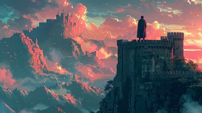 King standing on a castle balcony, overlooking his kingdom with a sense of pride and responsibility, embodying leadership. Illustration, Minimalism,