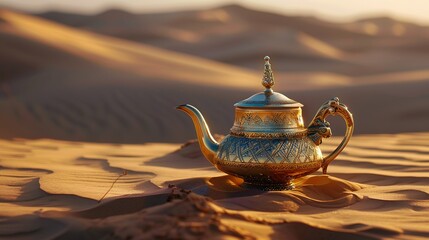 Oriental gold teapot lying on the sand in the desert dunes, Kettle on a Desert