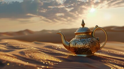 Oriental gold teapot lying on the sand in the desert dunes, Kettle on a Desert