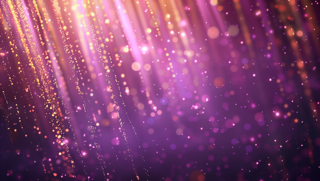 Lumi&egrave;res scintillantes dor&eacute;es avec un arri&egrave;re-plan violet avec effet de bokeh - strass paillettes couleur or rayon tombant sur un espace n&eacute;gatif copyspace