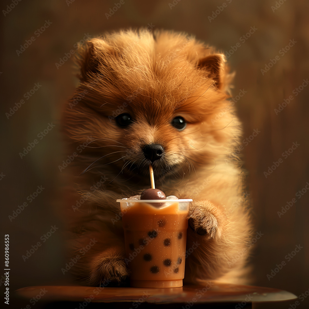 Wall mural pomeranian drinking boba tea portrait