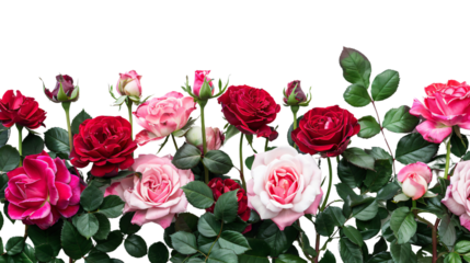Beautiful rose garden with vibrant red and pink roses in full bloom, surrounded by lush green leaves, perfect for floral and nature themes.