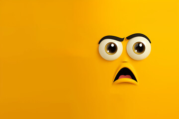 Émoji jaune avec expression de surprise sur fond uni jaune. Visage embossé yeux, sourcils bouche et nez qui ressortent du fond Emotion de surprise désagréable, étonnement 3D relief