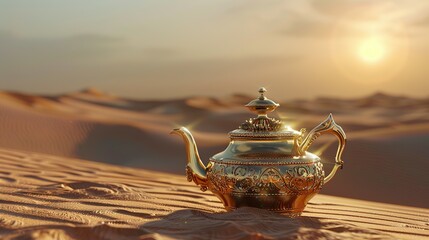 Oriental gold teapot lying on the sand in the desert dunes, Kettle on a Desert