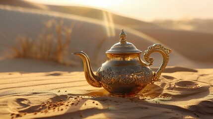 Oriental gold teapot lying on the sand in the desert dunes, Kettle on a Desert