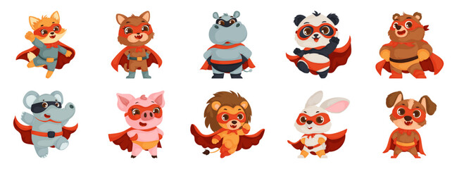 Set of cute superhero animal characters in colorful costumes, perfect for kids' illustrations or animated projects.