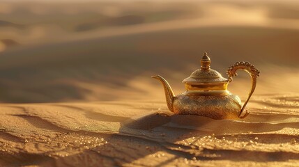 Oriental gold teapot lying on the sand in the desert dunes, Kettle on a Desert