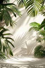 Fototapeta premium Green leaves plant hanging from above or climbing the wall decoration. Empty room with shadows of window and leaves. Studio backdrop for product, promotion sale, banner, presentation