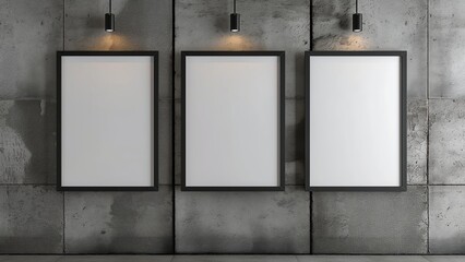 Three mockups of advertising posters against the backdrop of a grey concrete wall