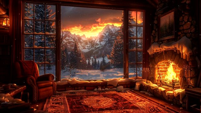 Cozy cabin living room with warm fireplace and snowy mountain view, animation background loop