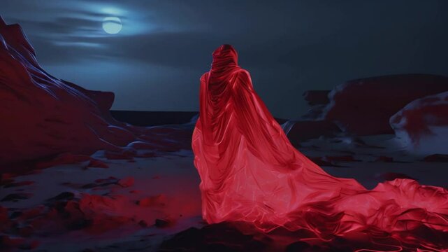Fantasy Art of a Person Wearing a Glowing Red Cloak Looking at a Full Moon