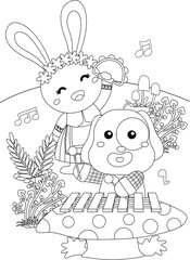 Cute and Funny Animal Musicians Playing Music Instrumental Cartoon Coloring Activity for Kids and Adult