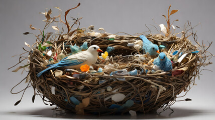 a bird's nest made of discarded plastic and waste materials, highlighting the impact of pollution on wildlife and ecosystems