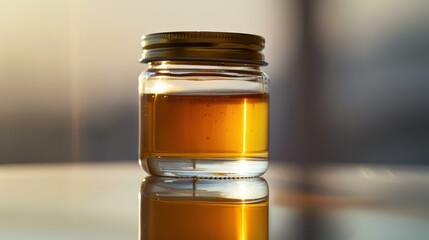 Studio shot of a honey jar on a reflective surface with clean lines and precise details ideal for product photography