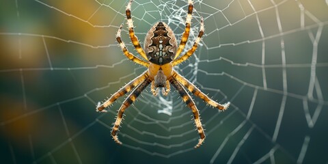 Spider on Web A full-body image of a spider perched on its intricate web, showcasing its detailed body structure and the delicate web patterns. 