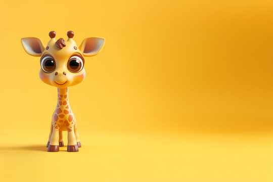 mignonne girafe dans le style chibi avec de grands yeux, de face, personnage dessin anim&eacute; effet relief 3D sur fond jaune avec un espace n&eacute;gatif copyspace