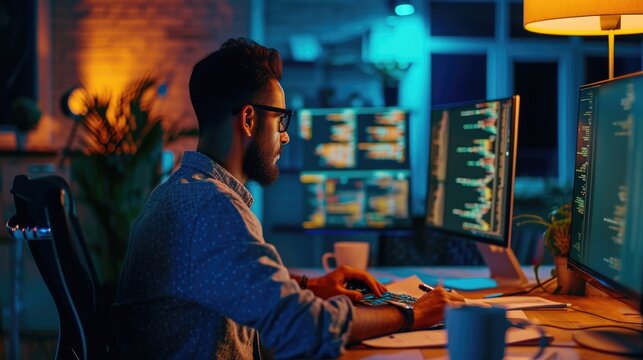 A software developer works on code late into the night, illuminated by the glow of multiple computer screens in a modern office. AIG41