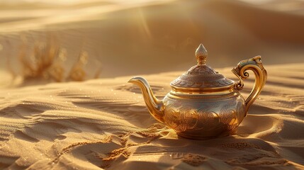 Oriental gold teapot lying on the sand in the desert dunes, Kettle on a Desert