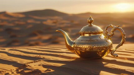 Oriental gold teapot lying on the sand in the desert dunes, Kettle on a Desert
