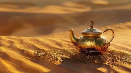 Oriental gold teapot lying on the sand in the desert dunes, Kettle on a Desert