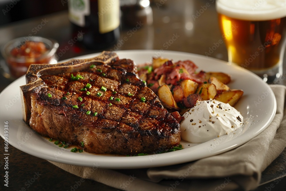 Poster A delicious grilled steak served with roasted potatoes, sour cream, and a beer on a restaurant table