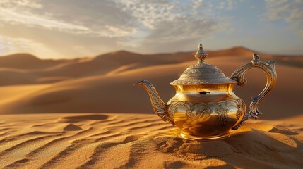 Oriental gold teapot lying on the sand in the desert dunes, Kettle on a Desert