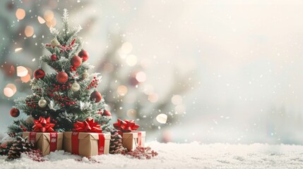 Festive Greetings: Christmas Card with Decorated Tree and Gifts, Perfect for Holiday Wishes