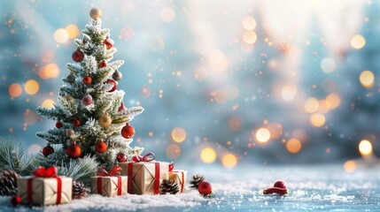 Festive Greetings: Christmas Card with Decorated Tree and Gifts, Perfect for Holiday Wishes