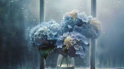 Bunch of hydrangeas behind foggy glass with raindrops, dark background, round flower clusters, still life photo.