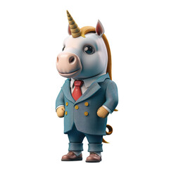 Fototapeta premium animal crossing of anthropomorphic unicorn as businessman, full body, standing on 2 legs, 3d character cartoon isolated on transparent background