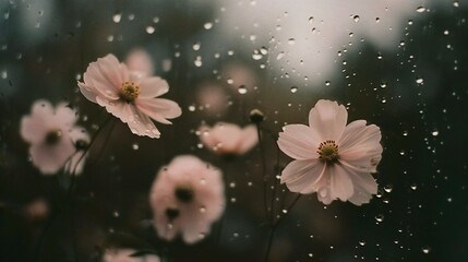 Close-up of cosmos flowers behind foggy glass with raindrops, dark background, delicate pinks, still life photo.