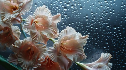 Obraz premium Close-up of gladiolus petals behind foggy glass with raindrops, dark background, elegant reds, still life photo.
