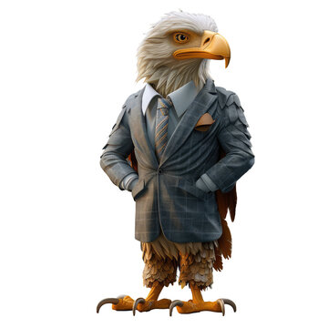 recommend clip art: animal crossing of anthropomorphic Eagle as businessman, full body, standing on 2 legs, 3d character cartoon isolated on transparent background