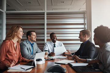 Business people, team and meeting with paperwork or data analytics for financial report, solution or collaboration. Accounting analyst and group talking or listening to ideas of graphs or statistics