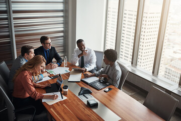 Business people, group and meeting with data analytics for financial report, solution or...