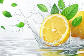Refreshing lemon water splash with fruit slice and mint leaves on transparent background