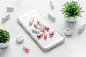 A pills on mobile phone, Telehealth service, online doctor, prescription refill, patient care, medical ad, white background