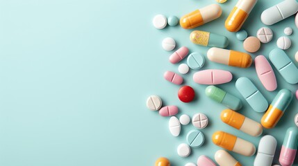 Multi color of pills, online medication, doctor consultation, healthcare delivery, ad blank space
