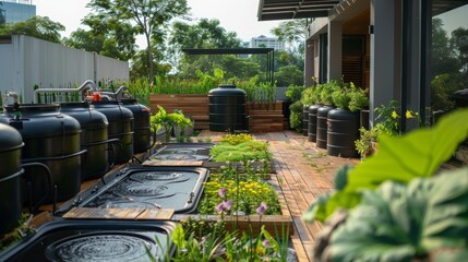 Fototapeta premium Back office rooftop with rainwater harvesting setup, featuring collectors and storage tanks, emphasizing water conservation efforts
