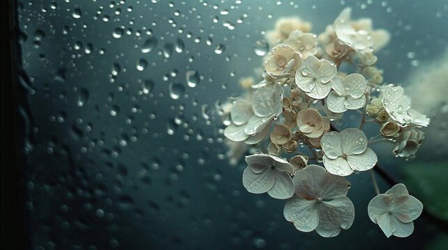 Extreme macro shot of a hydrangeaa??s tiny blossoms behind foggy glass with raindrops, dark background, cluster effect, still life photo.