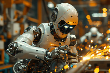 Mechanized industry robot arm for assembly in factory production line . Concept of artificial intelligence for industrial revolution and automation manufacturing process .