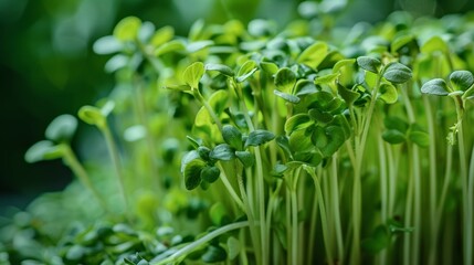 Close-up of healthy garden cress sprouts, freshly grown and ready to eat, with rich green leaves and delicate stems