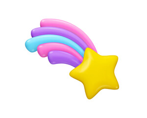 Shooting rainbow star vector 3d icon. Cute unicorn style magic illustration isolated. Falling yellow fantasy sparkle emoji, children design element