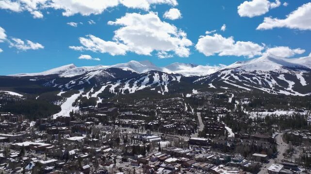 Distant drone shot panning to the right of ski runs at Breckenridge Colorado