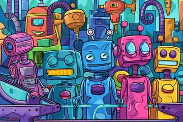 Obraz premium Cartoon cute doodles of cheerful robots assembling colorful toys on a conveyor belt in a whimsical factory, Generative AI
