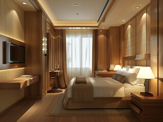 Fototapeta premium Elegantes, modernen Hotelzimmers. Das Zimmer verfügt über einen Frisiertisch und ein Kingsize-Bett. Der Kosmetikspiegel ist ein Ausstellungsspiegel