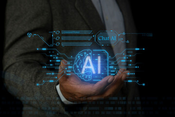 Ai tech, Businessman using digital chatbot, Chat with AI, Artificial Intelligence. using command...